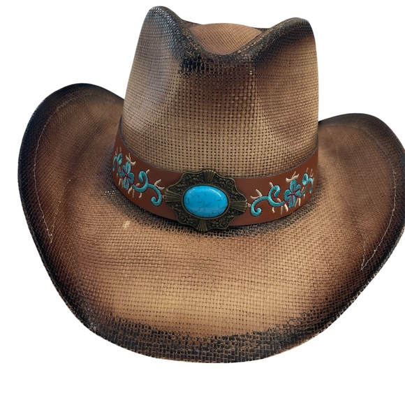 Western cowboy/cowgirl hat washed straw turquoise embroidered accents - Picture 2 of 6